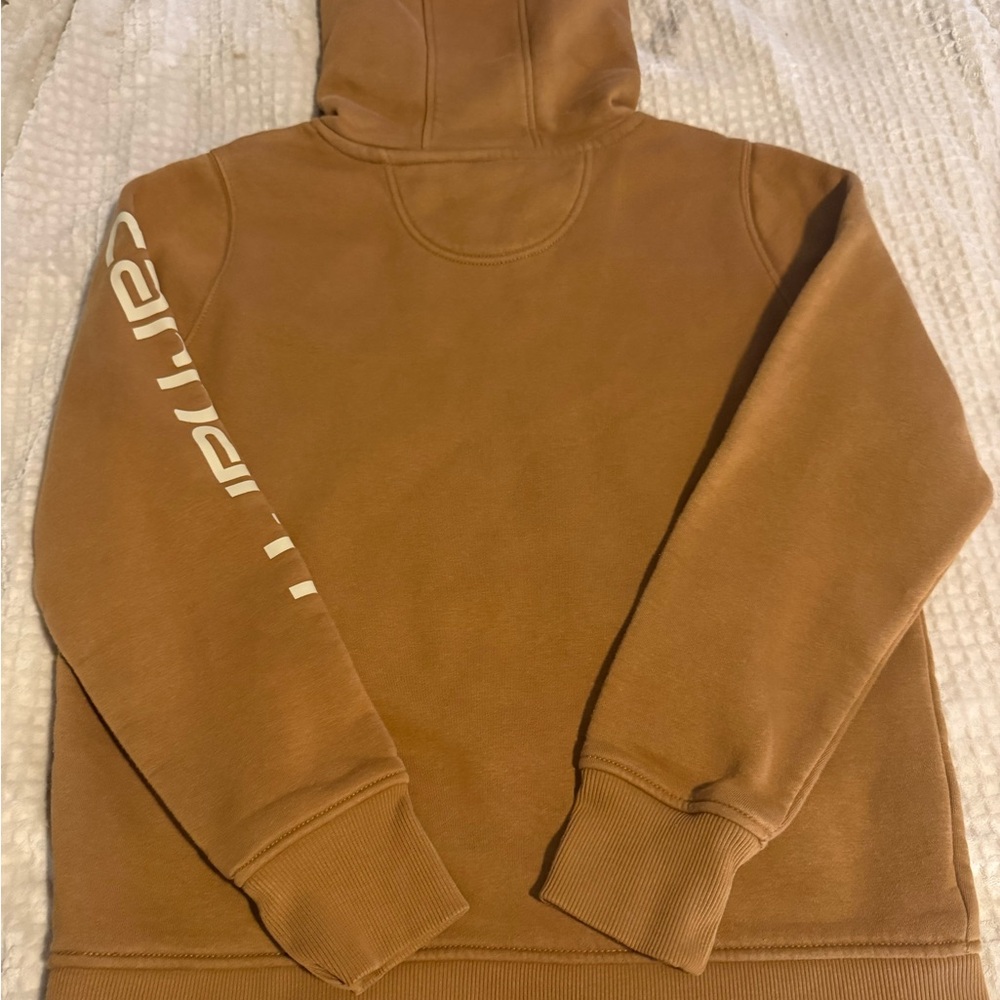 Carhartt Pullover Hoodie in Caramel Brown with Cream Logo - Picture 2 of 4